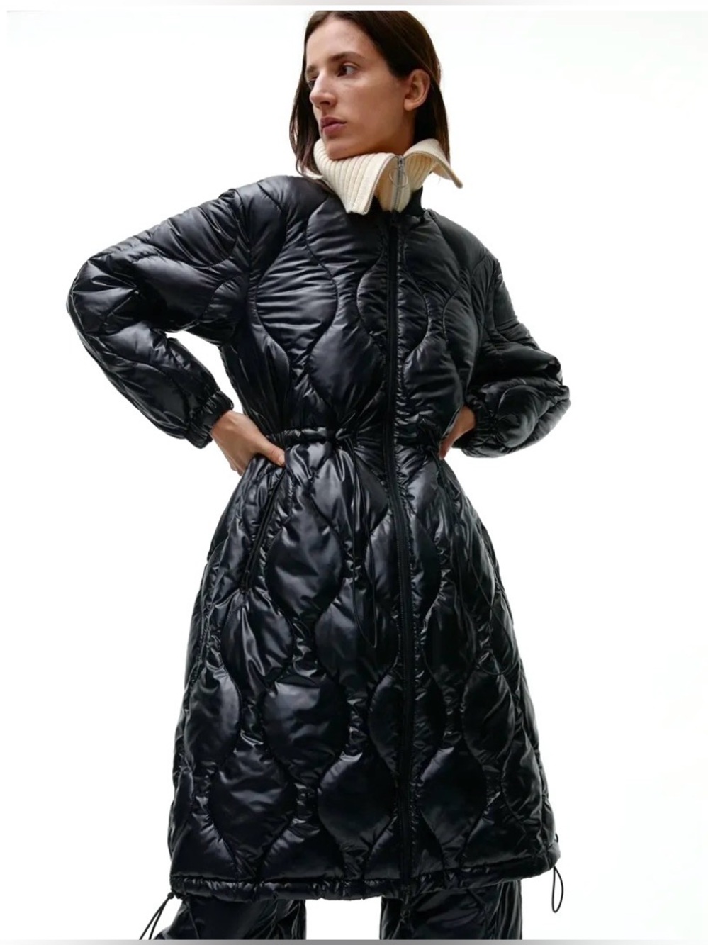 ARKET Shiny Quilted Long Puffer Coat Bomber Neck Parka Drawstring Waist Black